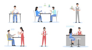 Concept Of Spending Time Together And Date. People Eating Dinner at Cafe. Happy Men And Women In Love Spend Time Together Eating Tasty Dinner In Fashion Restaurant. Cartoon Flat Vector Illustration.