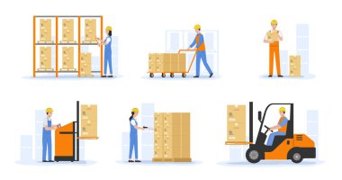 Warehouse And Cargo Goods Concept. Workers In Uniform Loading And Unloading Cardboard Boxes Use Forklift And Storehouse Equipment. Global Business. Linear Outline Cartoon Flat Vector Illustration.