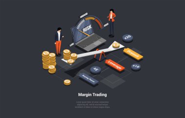 Margin Ticaret, Riskler ve Kâr Konsepti. Borsacılar, Yükselen Fiyat, Ticaret Forex ve Kripto varlıkları üzerine tahvil alıp satmak için Küresel Fon ve Finans Haberleri Analiz Ediyor. Isometric 3d Vektör İllüstrasyonu.