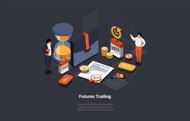 Gelecek Piyasa Ticareti, İkili Seçenek ve Riskler ve Kâr Konsepti. Borsacılar, gelecek yıl için Küresel Fon ve Finans Haberleri Gelişim Ticareti Stratejisini Analiz Ediyor. Isometric 3d Vektör İllüstrasyonu.