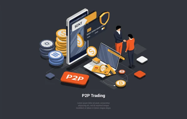 P2P ピアツーピア取引 フィアット スポットオンライン暗号通貨取引 金融技術コンセプト ビジネスマンは直接スマートフォン経由でデジタルマネーを交換します アイソメトリック3Dベクトルイラスト — ストックベクタ