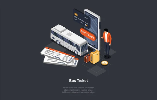 Bilety Autobusowe Online Kup Aplikację Koncepcję Transportu Publicznego Mężczyzna Mężczyzna — Wektor stockowy