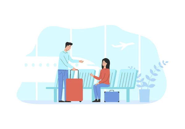 Begreppet Modern Internationell Flygplats Terminal Passagerare Med Bagage Avgångar Väntrum — Stock vektor