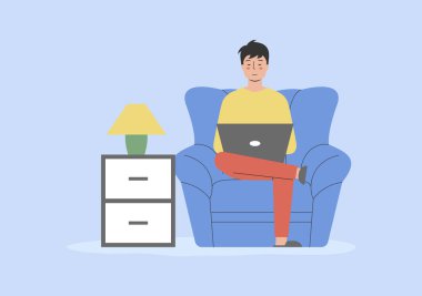 Çevrimiçi Eğitim, Uzaktan Kumanda, Serbest İş, Eğitim Konsepti. Dizüstü bilgisayarda oturan ve daktilo yazan erkek karakter. Uzaktan kumandayla evinden çalışan bir çocuk. Doğrusal Ana Hattı Düz Vektör İllüstrasyonu.