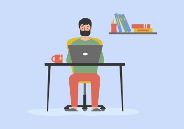 Çevrimiçi Eğitim, Uzaktan Çalışma, Serbest İş, ya da Eğitim Konsepti. Erkek karakter adamı dizüstü bilgisayarında yazı yazıyor. Birlikte çalışma ya da ofis için serbest çalışma. Doğrusal Ana Hattı Düz Vektör İllüstrasyonu.