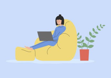 Çevrimiçi Eğitim, Uzaktan Çalışma, Serbest İş, ya da Eğitim Konsepti. Mutlu Kadın Karakter Kadın dizüstü bilgisayarda uzaktan kumandayla Pouf 'un üzerinde oturuyor. Doğrusal Ana Hattı Düz Vektör İllüstrasyonu.