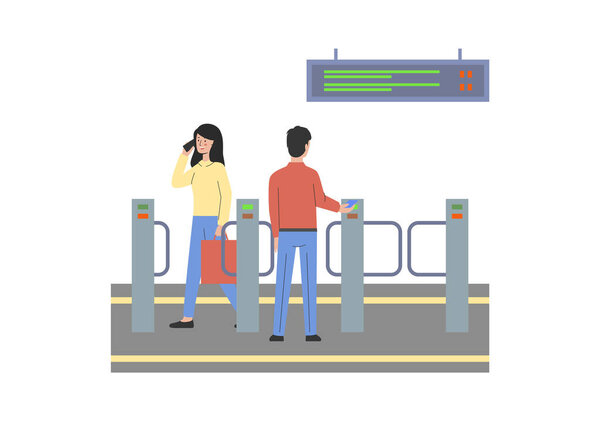Metro Ticket Online Buying Concept. Male And Female Character. Woman Exit Subway Talking On Phone. Man At Subway Gate Automatic Checkpoint Enter Underground. Outline Linear Flat Vector Illustration.