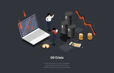 Petrol Krizi, Petrol Ambargosu, Öntanımlı Ekonomik Kriz ve İflas Konsepti. Petrol Üretimi ve Ticaret Petrol Endüstrisi, Düşen Fiyat Tablosu Varilleri. Isometric 3D Vektör illüstrasyonu.