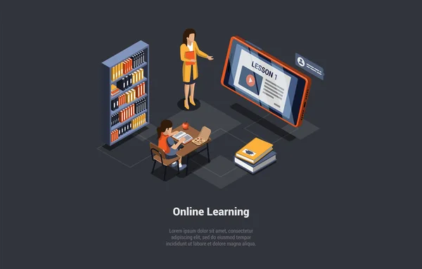 Konzept Des Online Learning Auf Distanz Student Schreibtisch Hören Auf — Stockvektor