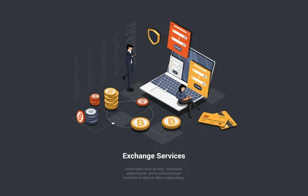 Currency Exchange Service Concept Characters Buy Sell Currency Mobile App — Stock Vector