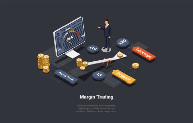 Margin Ticaret, Riskler ve Kâr Konsepti. Küresel Fon ve Finans Komisyoncuları Koz, Ticaret Formisi ve Kripto Varlıklarıyla Anlaşma Yapıyor. Isometric Karikatür 3d Vektör İllüstrasyonu.