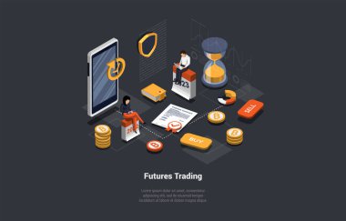 Gelecek Ticaretleri, Satışlar, Satışlar, Riskler ve Kâr Konsepti. Komisyoncular Küresel Fon ve Finans Analizi, Tüccarlar Metaller ve Mallar Üzerine Avantajla Geleceği Değiştirdi. Isometric 3d Vektör İllüstrasyonu.