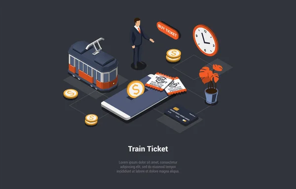 Tickets Bonde App Smartphone Tramlines Redes Operadas Man Buy Tickets — Vetor de Stock