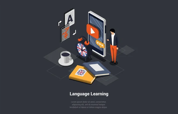 Koncepcja Uczenia Się Języka Wielojęzyczny Język Tłumacz App Mężczyzna Character — Wektor stockowy