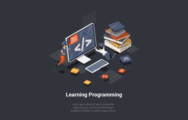 Programlama ve Kodlama Öğrenme Kavramı. Yazılım Kodlama, Deneme, Hata Ayıklama. Mobil Uygulamalar Programı. Seo, Arama Motoru. Kod Öğrenme İçin Diller Programlanıyor. Isometric 3d Vektör İllüstrasyonu.