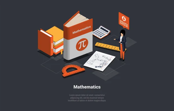 Matematik Ders Eğitim Bilim Konsepti Matematik Formüllü Kadın Karakter Öğretmeni — Stok Vektör