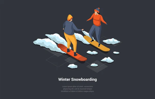 Concept Vacances Hiver Vacances Noël Famille Homme Enseigne Snowboard Femme — Image vectorielle