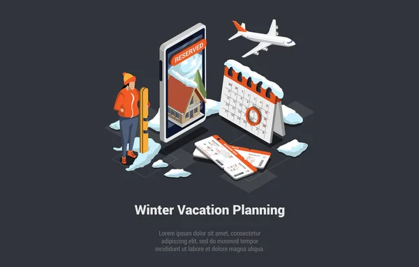 Vacances Hiver Vacances Noël Famille Concept Homme Avec Ski Prêt — Image vectorielle