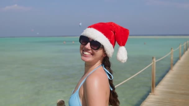 Uśmiechnięta młoda kobieta w kapeluszu Mikołaja na drewnianym pontonie — Wideo stockowe