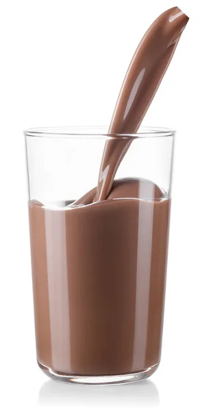 Chocolate milk or cocoa drink pouring into glass — Stock Photo, Image