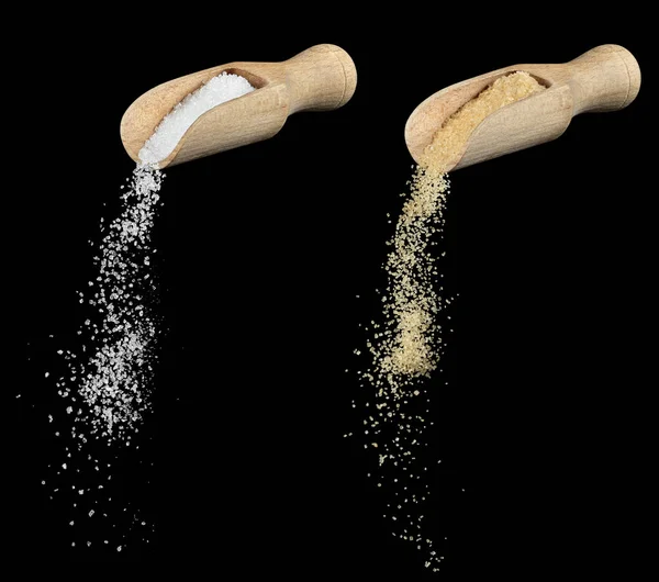 Serie di sabbia da zucchero bianca e marrone in cucchiai di legno — Foto Stock