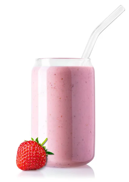 Erdbeer Smoothie Mit Stroh Glas Und Frischen Reifen Beeren Der — Stockfoto