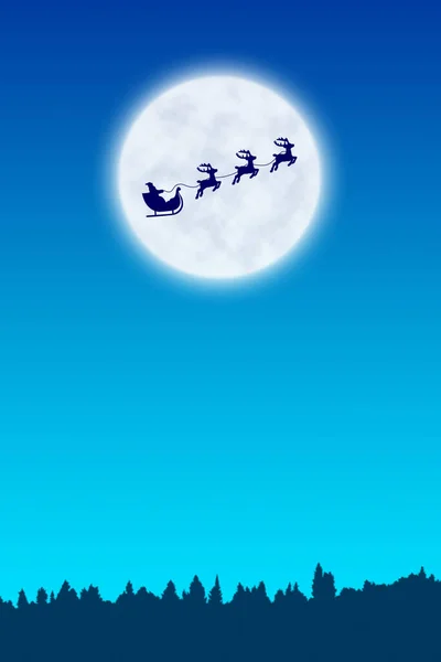 Sylwetka Świętego Mikołaja lecąca saniami ciągniętymi przez renifery na tle nocnego nieba i pełni księżyca. — Zdjęcie stockowe