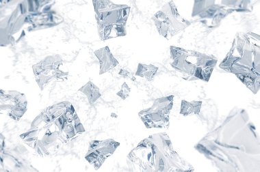 Gerçek buz küpleri ve beyaz zemine düşen su koleksiyonu. Ice Cubs ürün reklamcılığı kavramı. Seçici Odaklanma.