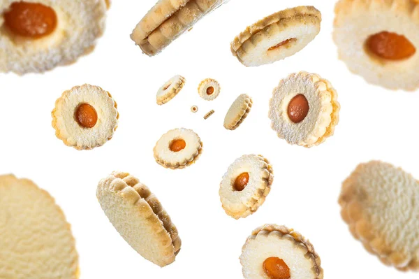 Collection Marmalade Biscuits Falling Isolated White Background Selective Focus — Stock Photo, Image