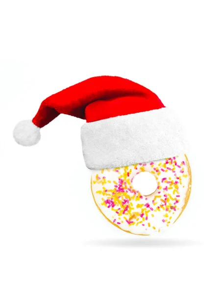 Rosquilla Dulce Con Gorra Navidad Sobre Fondo Blanco Concepto Diciembre — Foto de Stock