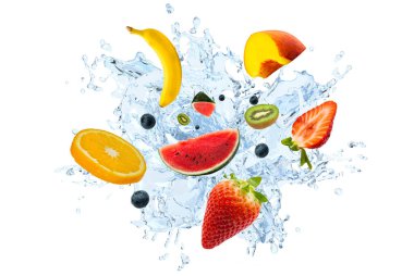 Taze çilek, kivi, karpuz, yaban mersini, muz, şeftali ve portakaldan oluşan bir koleksiyon. Seçici odak