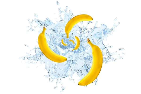 Collection Fresh Banana Splashing Clear Water White Background Selective Focus — Stock Photo, Image