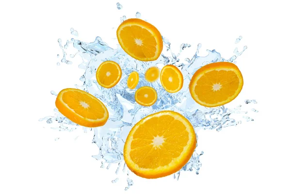 Colección Naranja Fresca Con Salpicaduras Agua Clara Sobre Fondo Blanco — Foto de Stock