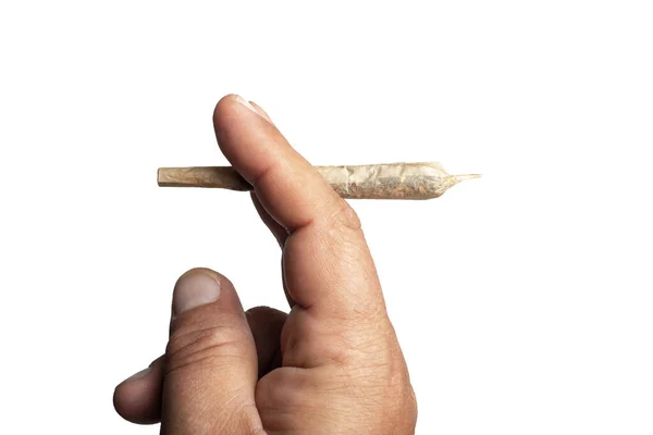 Hand Hält Gerollten Medizinischen Joint Marihuana Cannabis Auf Weißem Hintergrund — Stockfoto