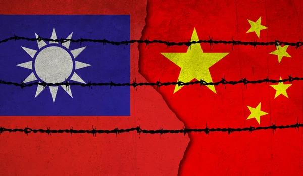 Grunge flags of Taiwan and China with Barbed wire on cracked wall. Concept of bad relations between Taiwan and China. Illustration.