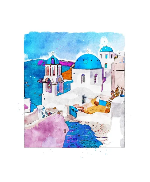 Ilustración Digital Acuarela Ciudad Oia Isla Santorini Grecia — Foto de Stock