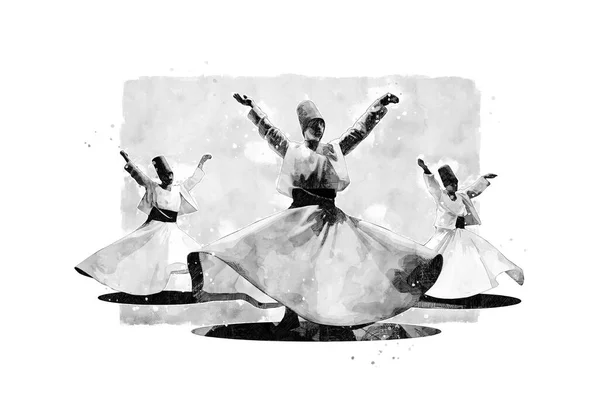 Digital watercolor illustration of whirling dervishes or semazen