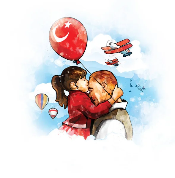 Ankara, Türkiye - 23 Nisan 1921: Atatrk ve küçük kızın dijital suluboya resimleri. Küçük kız Atatrk 'ın alnını öpüp Uluslararası Çocuk Günü' nde ona teşekkür ederken....
