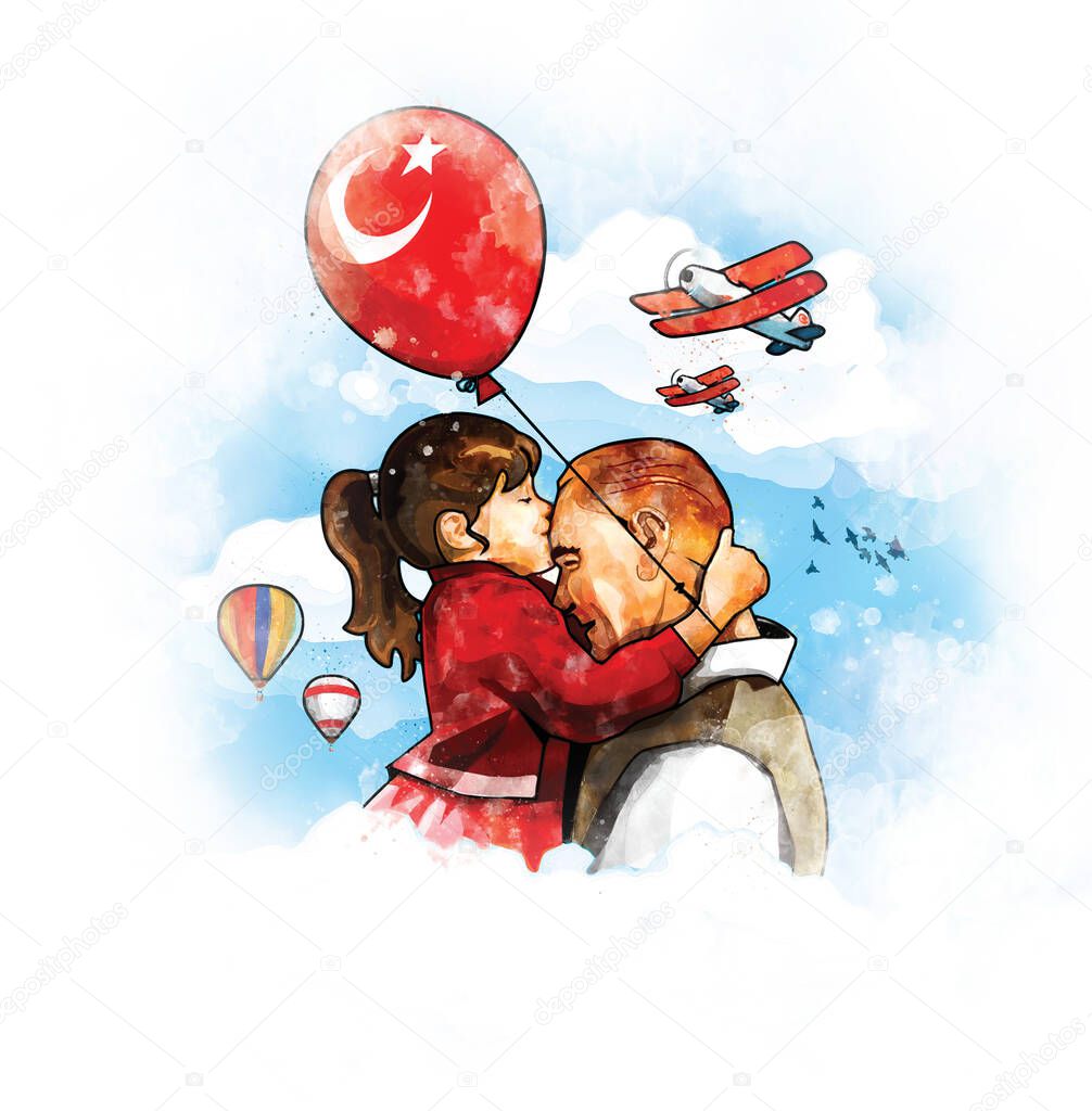 Ankara, Turkey - 23 April 1921:  Digital watercolor illustration of Atatrk and little girl. While the little girl kissed Atatrk's forehead and thanked him at the International Children's Day.