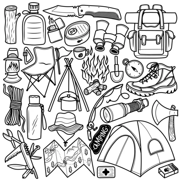 Set Camping Hand Drawn Doodle — Stock Vector