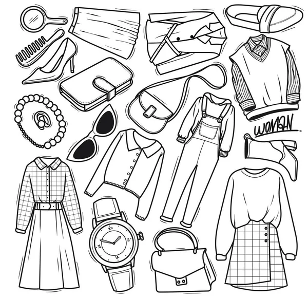 Ręcznie Rysowane Kobieta Ubrania Doodle Wektor Zestaw — Wektor stockowy