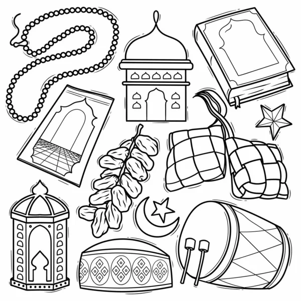 Hand Drawn Eid Mubarak Doodle Vector Line Art — Stock Vector