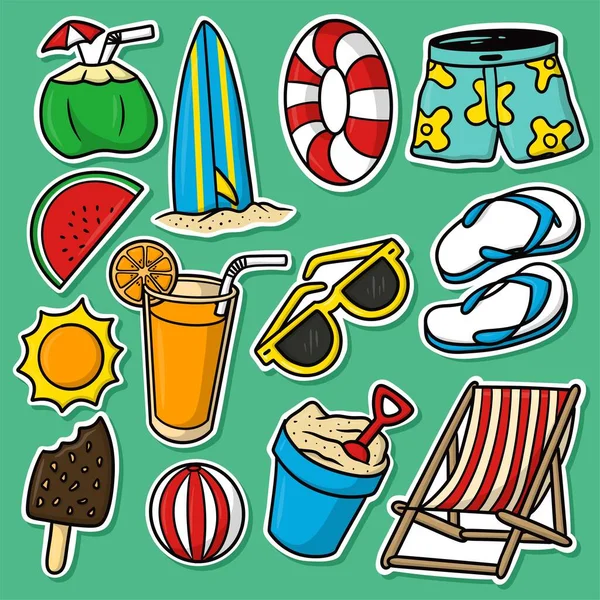 Jeu Autocollants Summer Beach Cartoon Vector — Image vectorielle