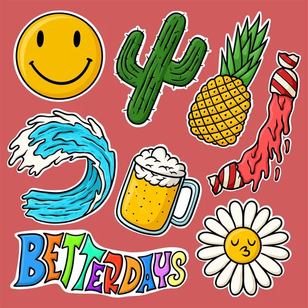 Sticker Set Hand Drawn Good Vibes Cartoon Illustration — Stok Vektör