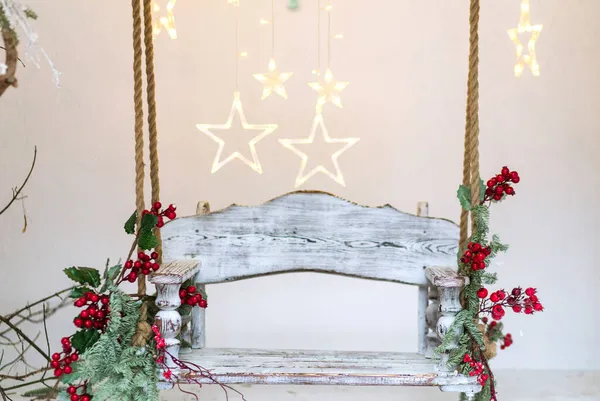 Décorations Noël Dans Style Rustique Balançoire Bois Enneigée Photographie — Photo