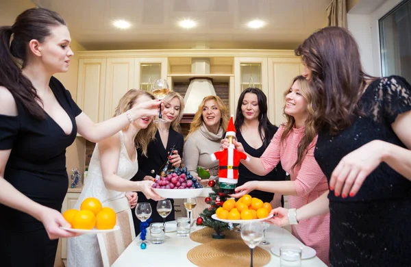 Happy Women Evening Dresses Home Kitchen Gathered Festive Table Raise — Stock Photo, Image