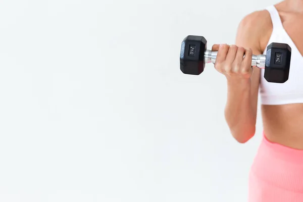 Meisje Een Witte Top Koraal Legging Poseren Met Halters Haar — Stockfoto