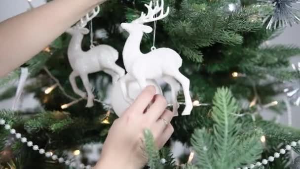 Women Hands Hang Toy Form Deer Christmas Tree Christmas New — Stockvideo