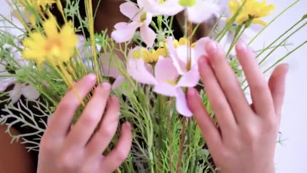 Hands Child Girl Touching Bouquet Multicolored Artificial Flowers — Αρχείο Βίντεο