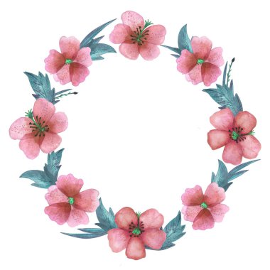 Yabani portakal çiçeği çelengi. Suluboya çizilmiş el. Birkaç çeşit pembe çiçek ve mavimsi yeşil yapraklar.